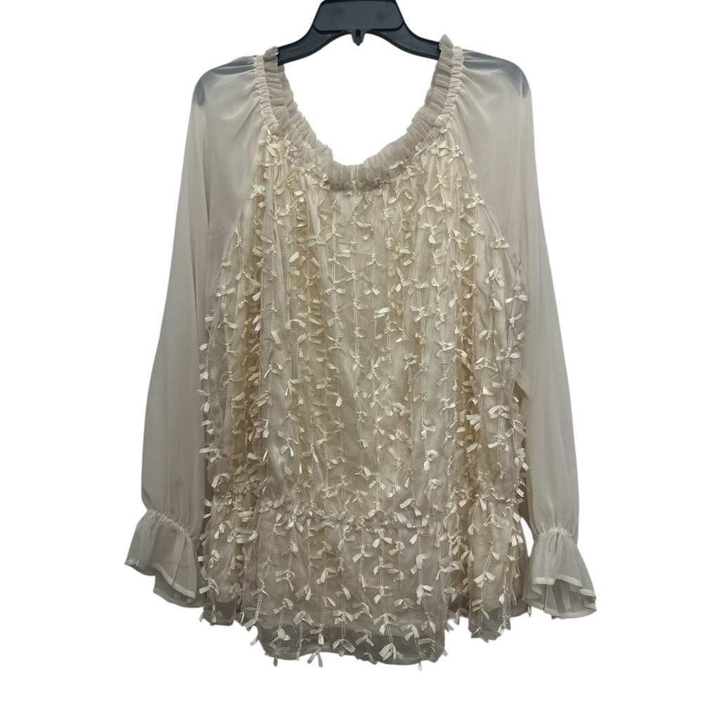 Badgely Mischka American Glamour Mesh Overlay Bow Blouse Size 3X Cream Feminine